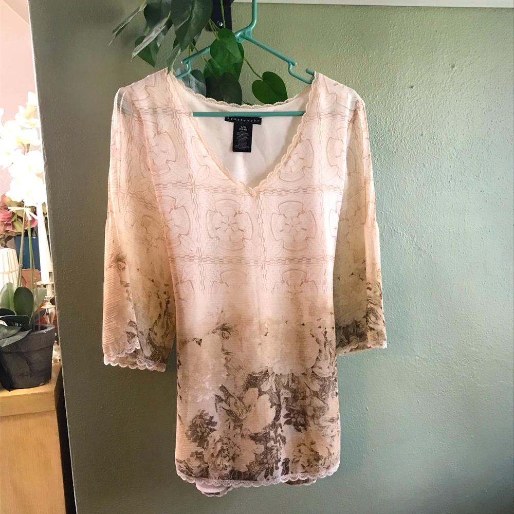 apostrophe tan tie-back long-sleeved elegant blouse. Size large. New w/o tags